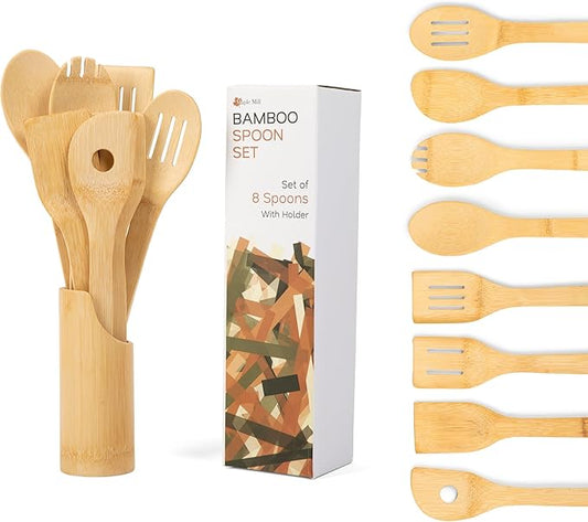 Bamboo Spoons for Cooking - Set of 8 Spoons with Holder - Wooden Cooking Spoons - Non-toxic & Organic Bamboo Cooking Utensils with Spoon Set & Spatula - Premium Kitchen Utensils