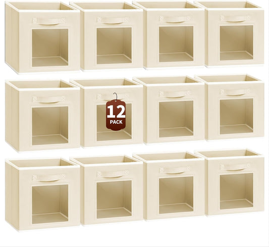 Foldable Storage Cubes - Cubby Storage Organizer with Window, Decorative Baskets for Organizing, Fabric Bins for Clothes Storage, Closet Storage Cubes-11inch, Set of 12, Beige
