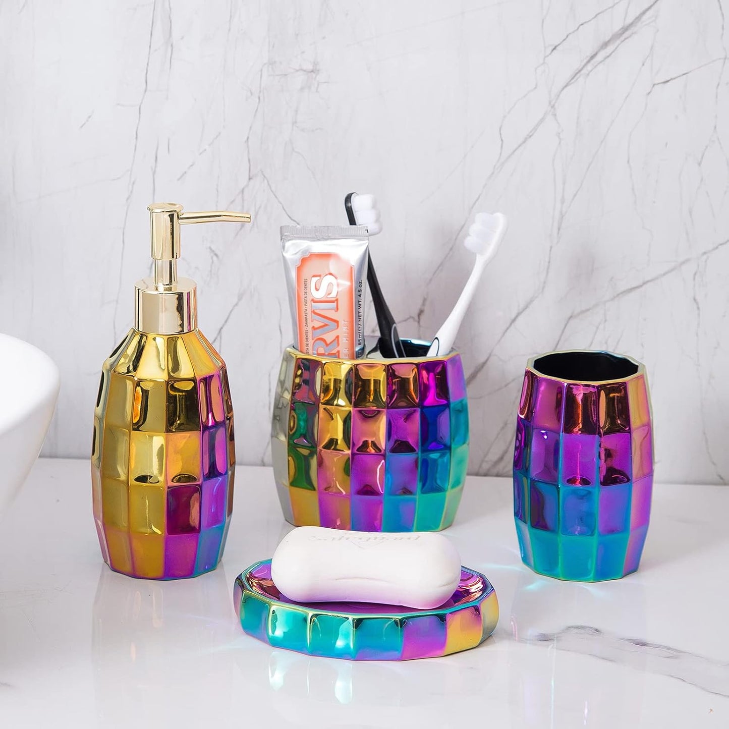 Rainbow Bathroom Accessory Set, Colorful/Gold Mosaic Ceramic Bathroom Accessories Sets Includes Lotion Dispenser, Toothbrush Holder Tumbler, and Soap Dish