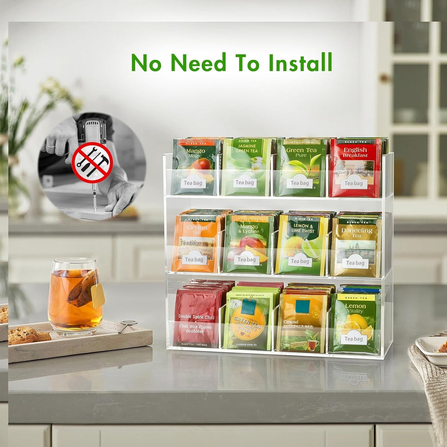 BEYGORM Acrylic Tea Bag Organizer for 216 Tea Packets, No Assembly Required, Display Holder for Countertop or Cabinet