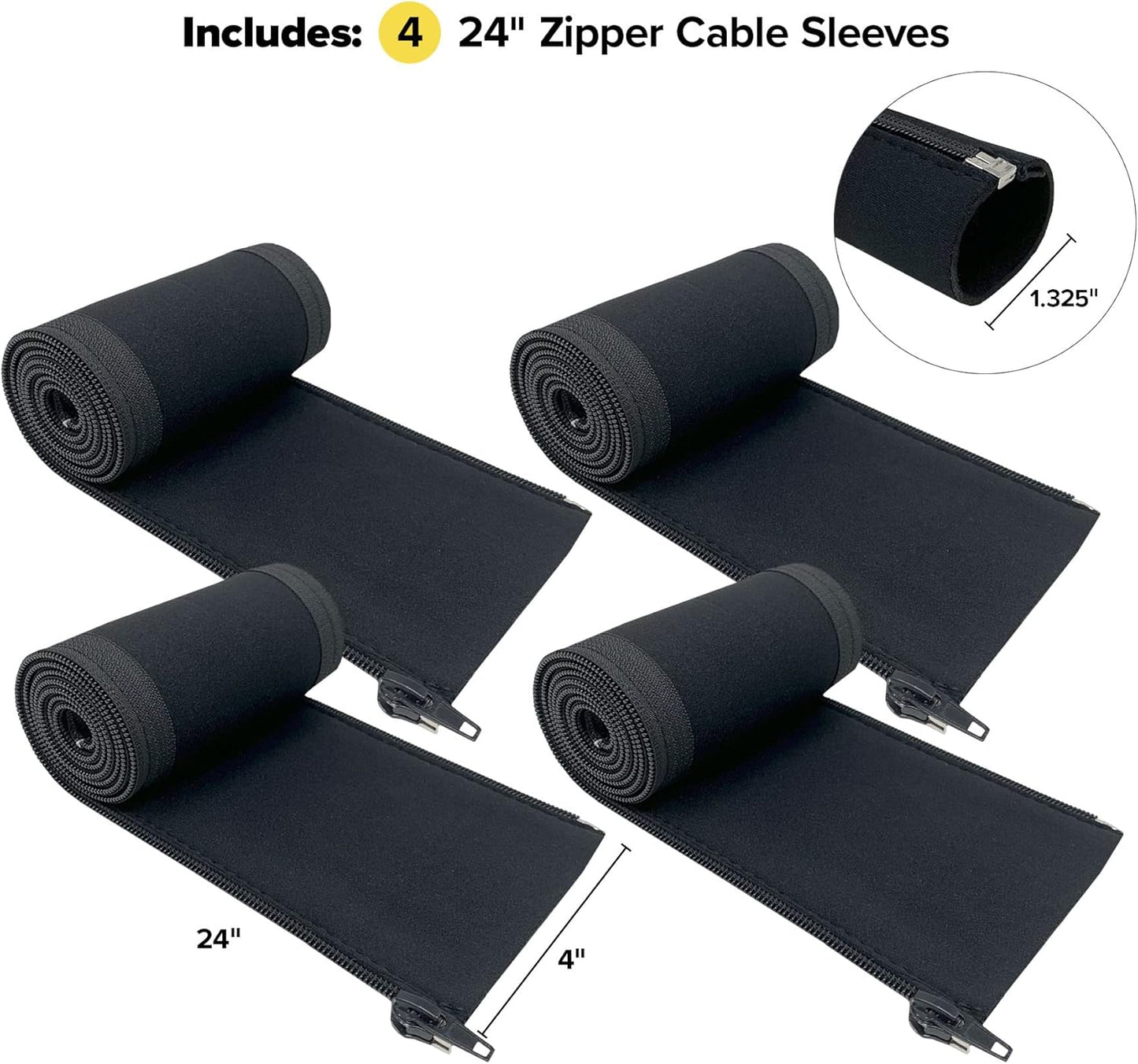 Zipper Cable Sleeve by Wrap-It Storage - 24" x 4" (4-Pack) Black - Cord Organizer and Cable Protector for Desk, Computer, TV Cord Management to Hide and Cover Wire and Extension Cables