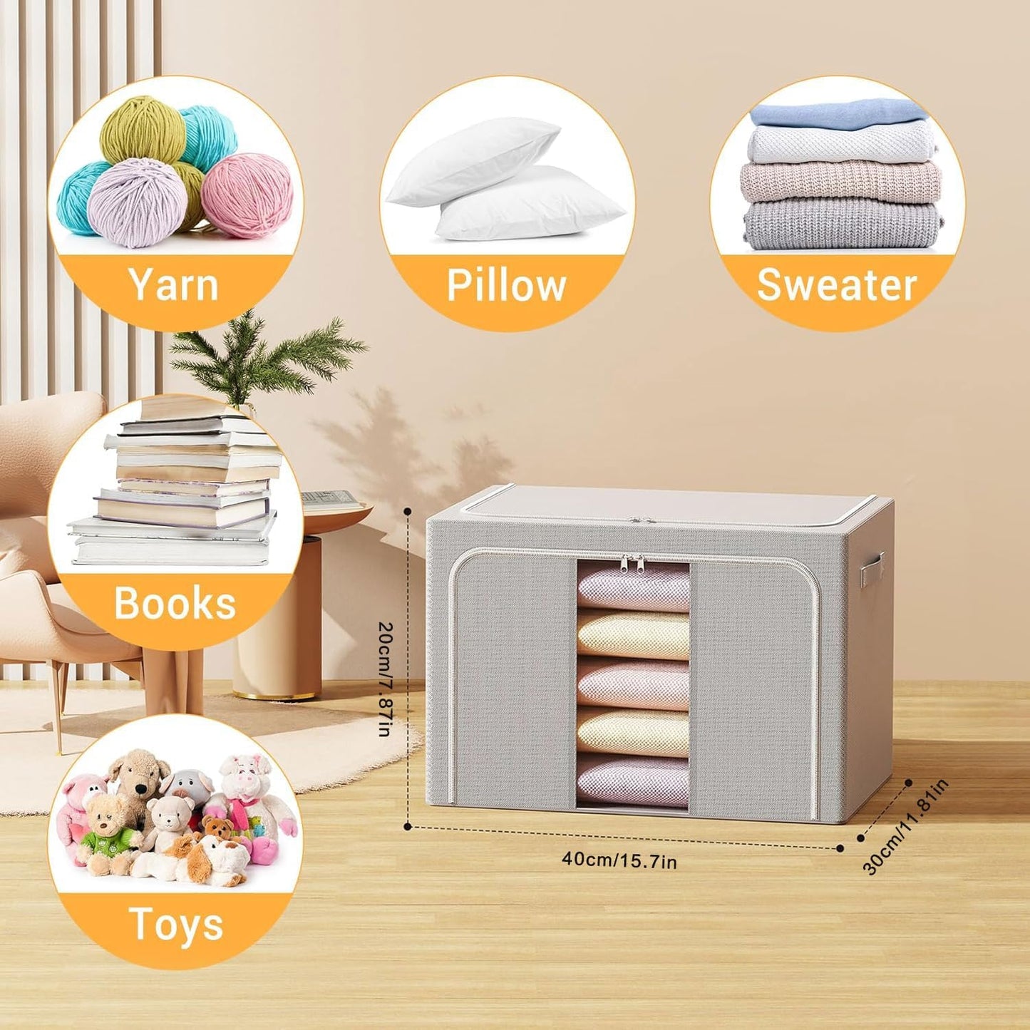 Clothes Storage Bins with Metal Frame Foldable Storage Box Clothes Organizers Storage Containers for Clothes Sheets Blankets Books Toys Gifts and Holiday Decorations (24Lx3 Pack)