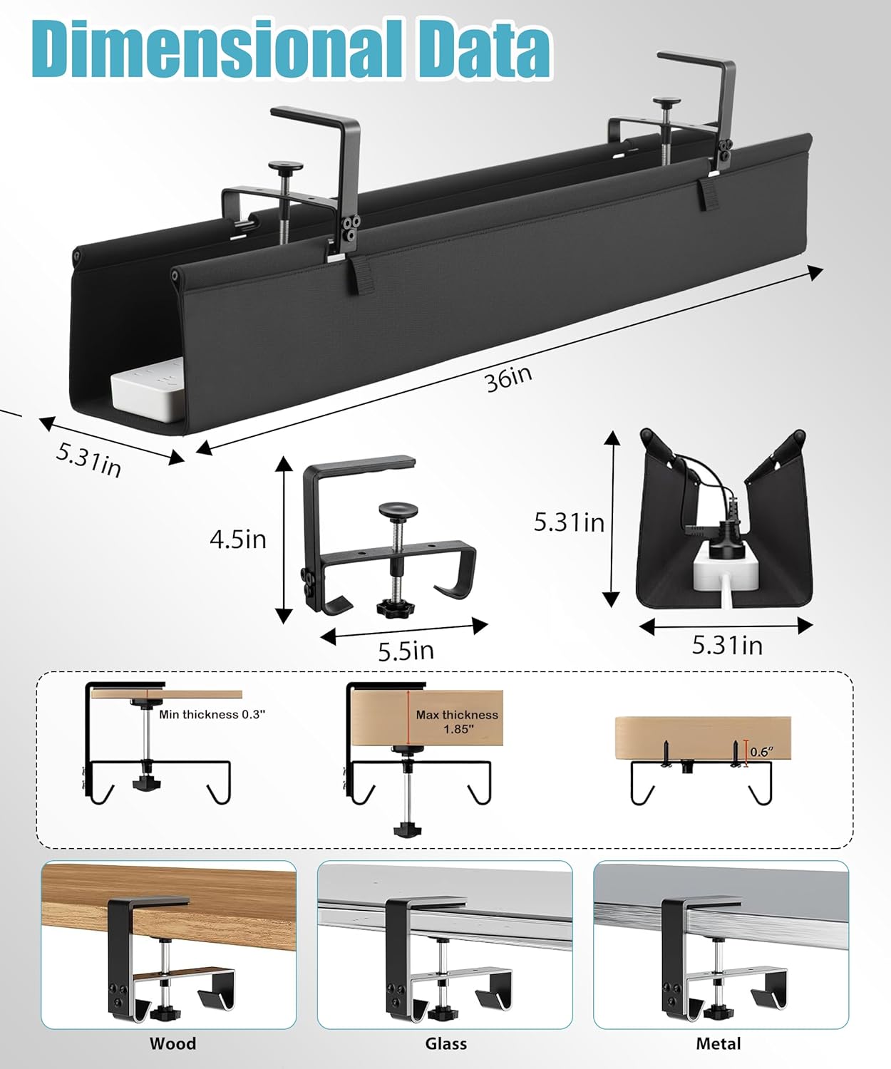 Oxford Cloth Under Desk Cable Management Tray,No-Drill 36" Desk Cable Management Organizer with Clip/Screw Installation,Holds Up to 70 lbs,Fabric Cable Management for Home,Office & Gaming Computer