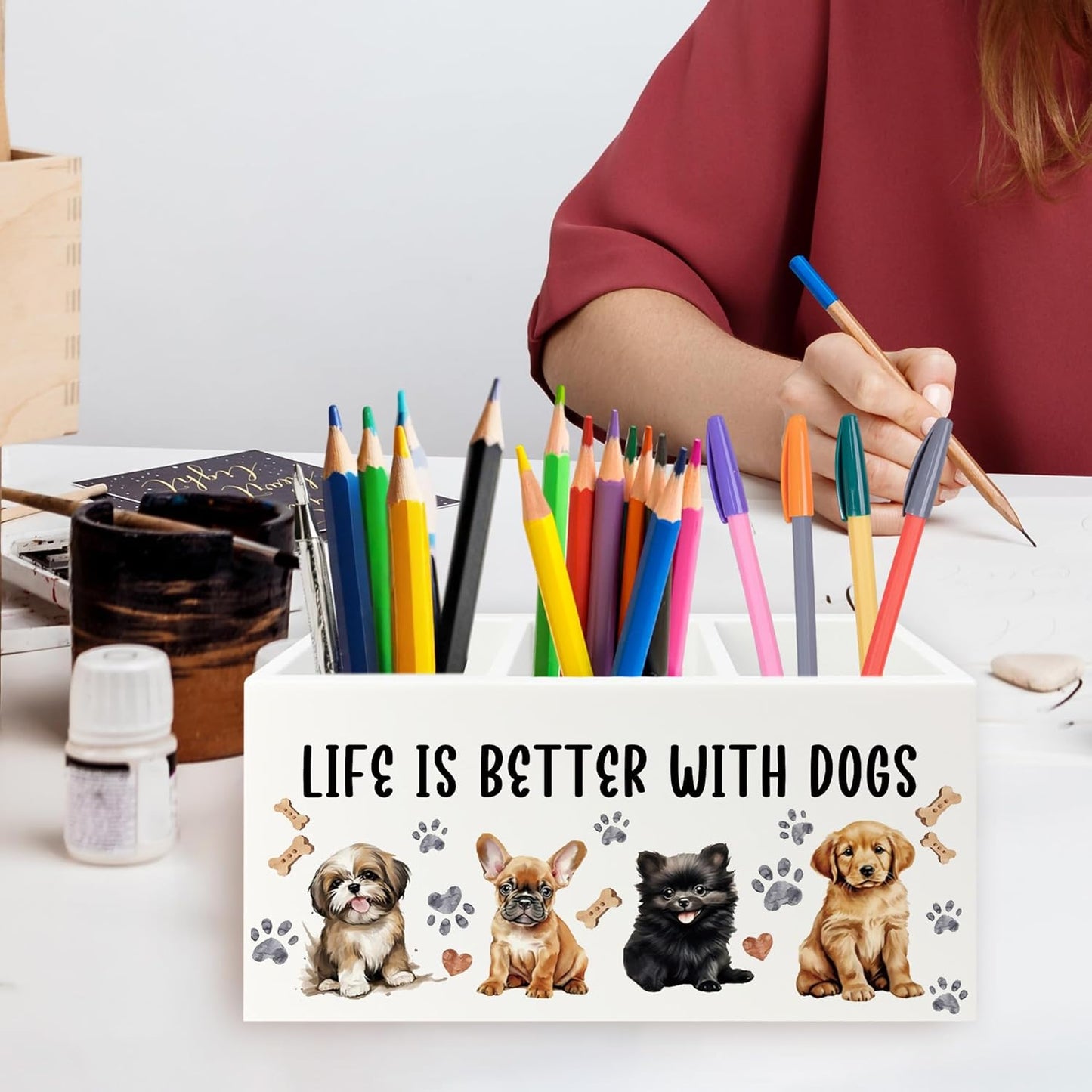 Dog Pen Pencil Holder Organizer for Desk, Dog Lovers Mom Gifts for Women, Life Is Better with Dogs Wooden Box Signs Decorations for Home Office Desk Tabletop, Gifts for Pet Lovers