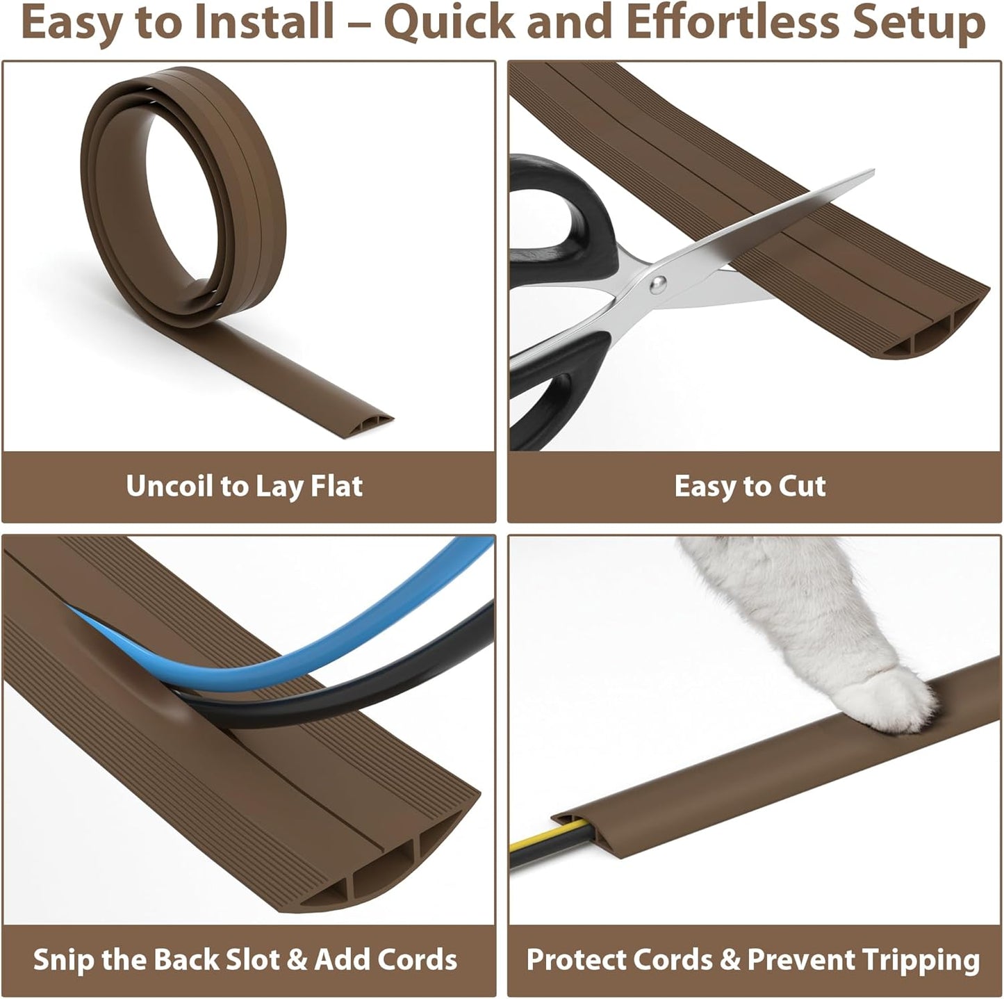 ZhiYo 6ft Cord Hider Floor, Soft PVC Cord Covers for Wires on Floor, Wire Cover to Hide Extension Cords, Cable Cover Protect Cords & Prevent Trips, Cable Cavity: W0.6in x H0.32in, Vintage Coffee Brown