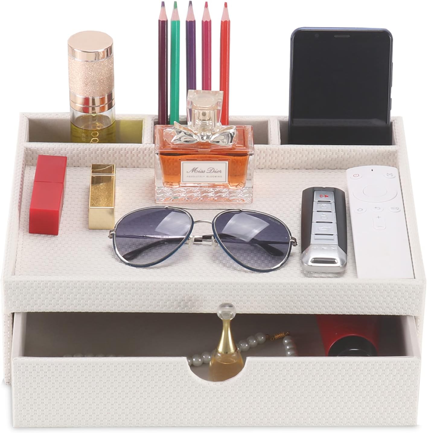 Leather Desk Organizer With Drawers, Home Cosmetics & Phone Remote Organizer, Drawer Plus Divider & Tray (white)