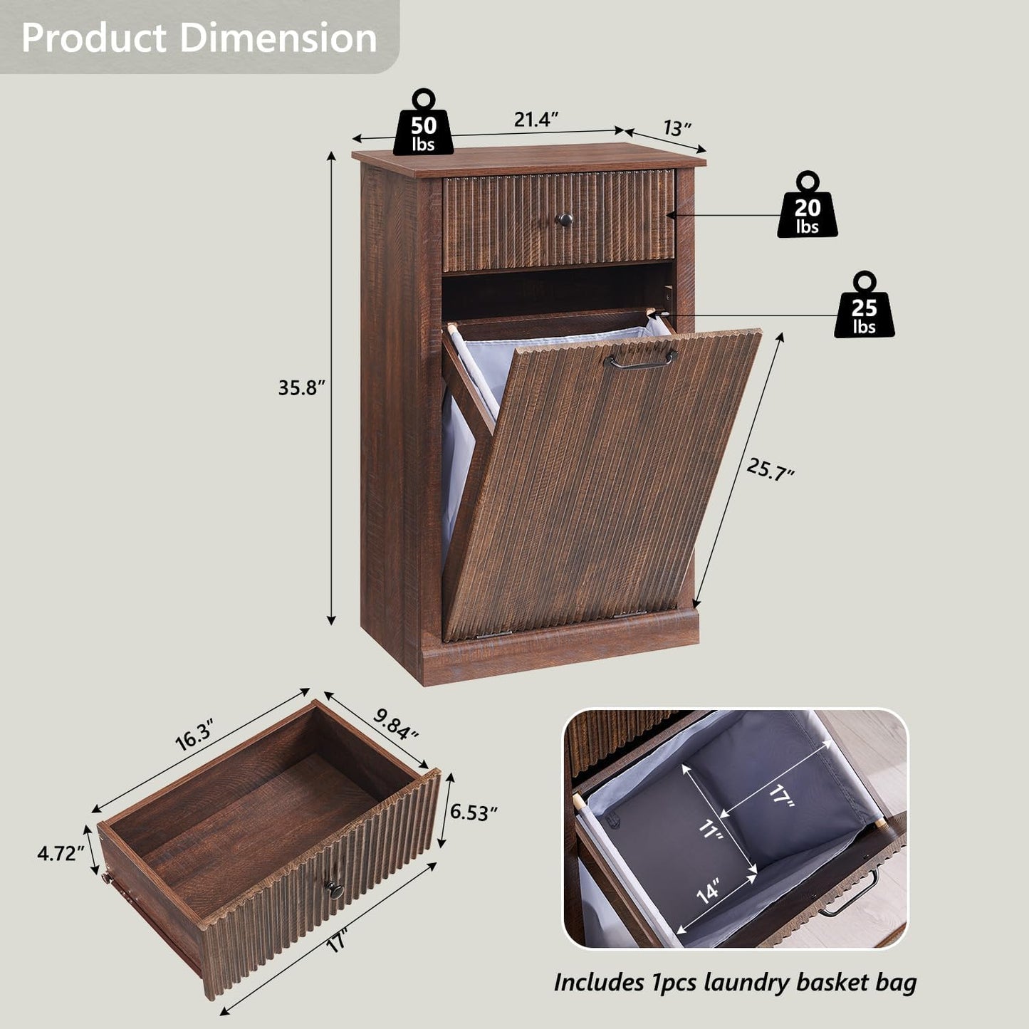 Modern Tilt Out Laundry Hamper Cabinet, 10 Gallon Fluted Trash Can Cabinet with Drawer, Wooden Hidden Garbage Can Cabinets with Laundry Basket, Free Standing for Bathroom and Kitchen, Brown