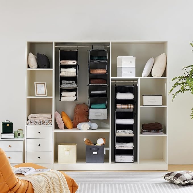 YOUDENOVA Hanging Closet Organizer, 3-Shelf Closet Hanging Storage Shelves, Grey