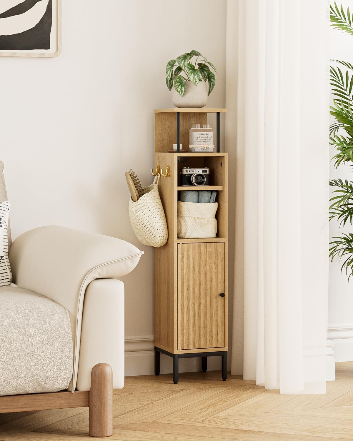 Bathroom Storage Cabinet,Small Corner Floor Cabinet with 2 Hook,Narrow Tall Toilet Paper Cabinet with Adjustable Shelves,Bathroom Organizer for Living Room,Small Spaces (Wave, Oak-37''H)