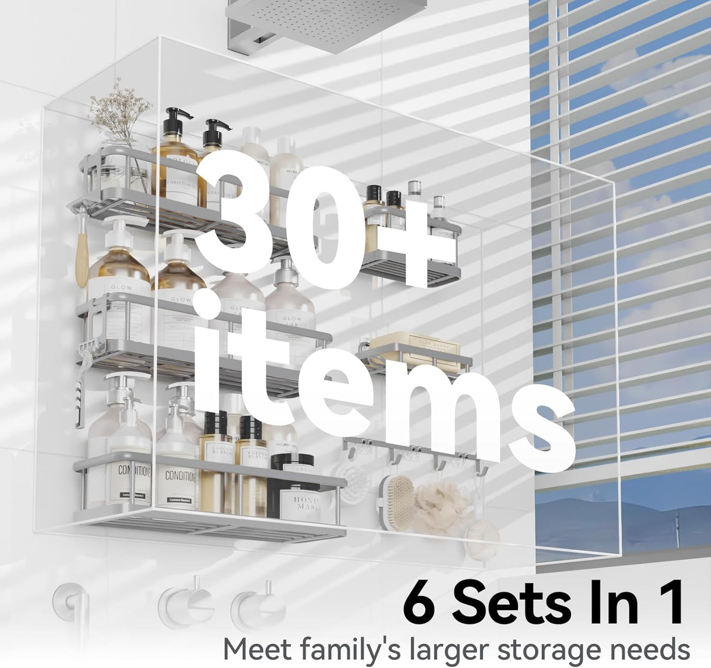 YASONIC Shower Caddy, 6 Pack Large Capacity shower Organizer with Soap Holder and 12 Hooks, Rustproof Shower Shelves for Inside Shower, No Drilling&Sleek Bathroom Organizers and Storage Grey