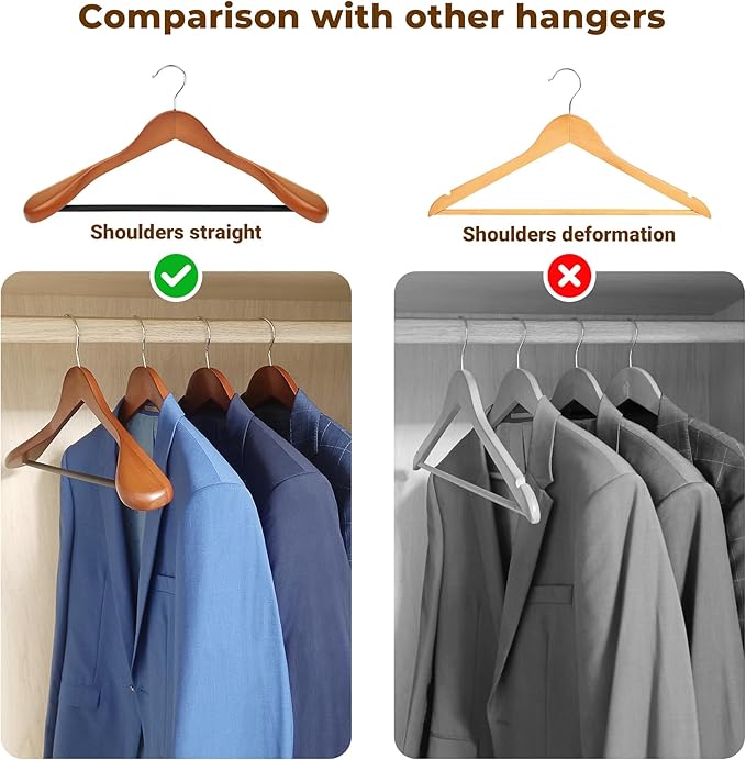 Coat Hanger 8-Pack, MEQUTION Wood Hangers Trouser Hangers Extra Wide Shoulder Wooden Hangers for Heavy Coat, Sweater, Skirt, Suit, Pants, Retro Finish (Walnut)
