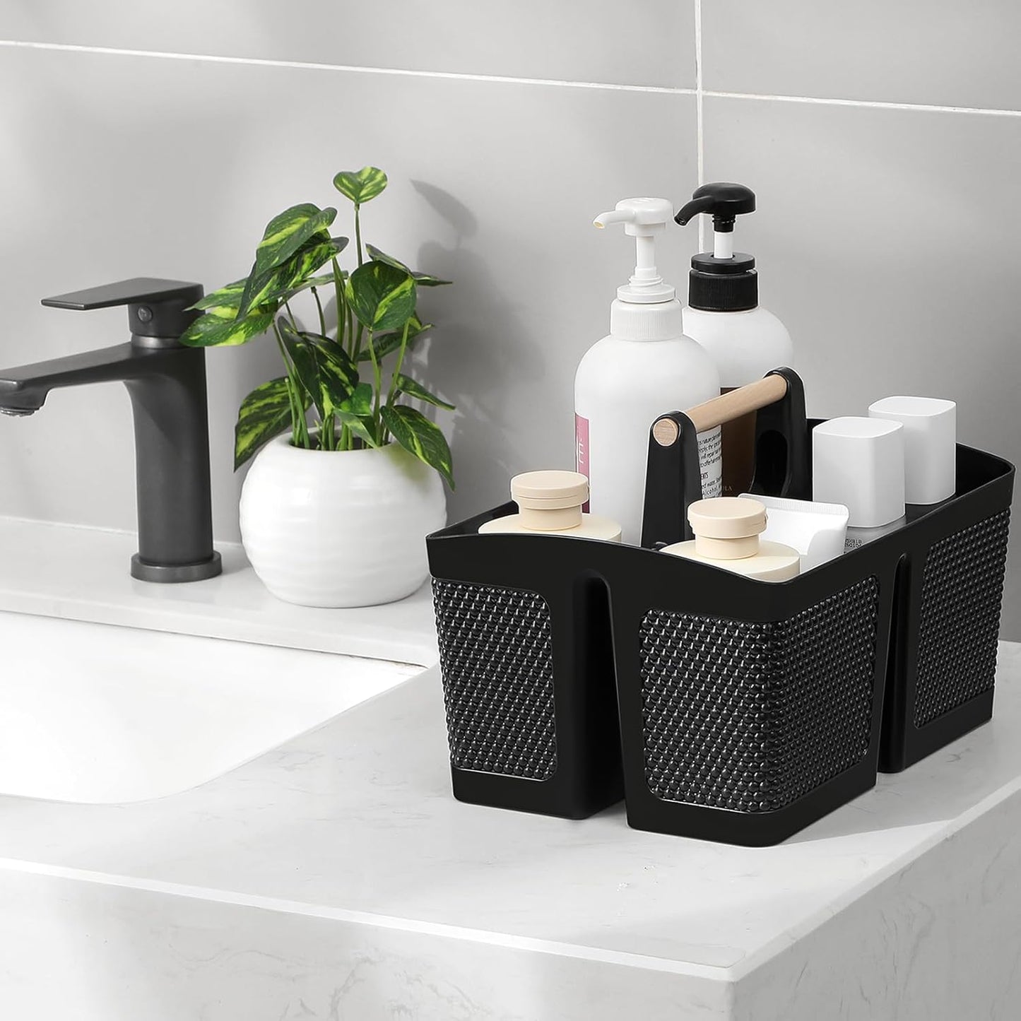 rejomiik Portable Shower Caddy Basket Plastic Cleaning Caddy Organizer Storage Tote with Handle for Bathroom, College, Dorm Room Essentials, Black