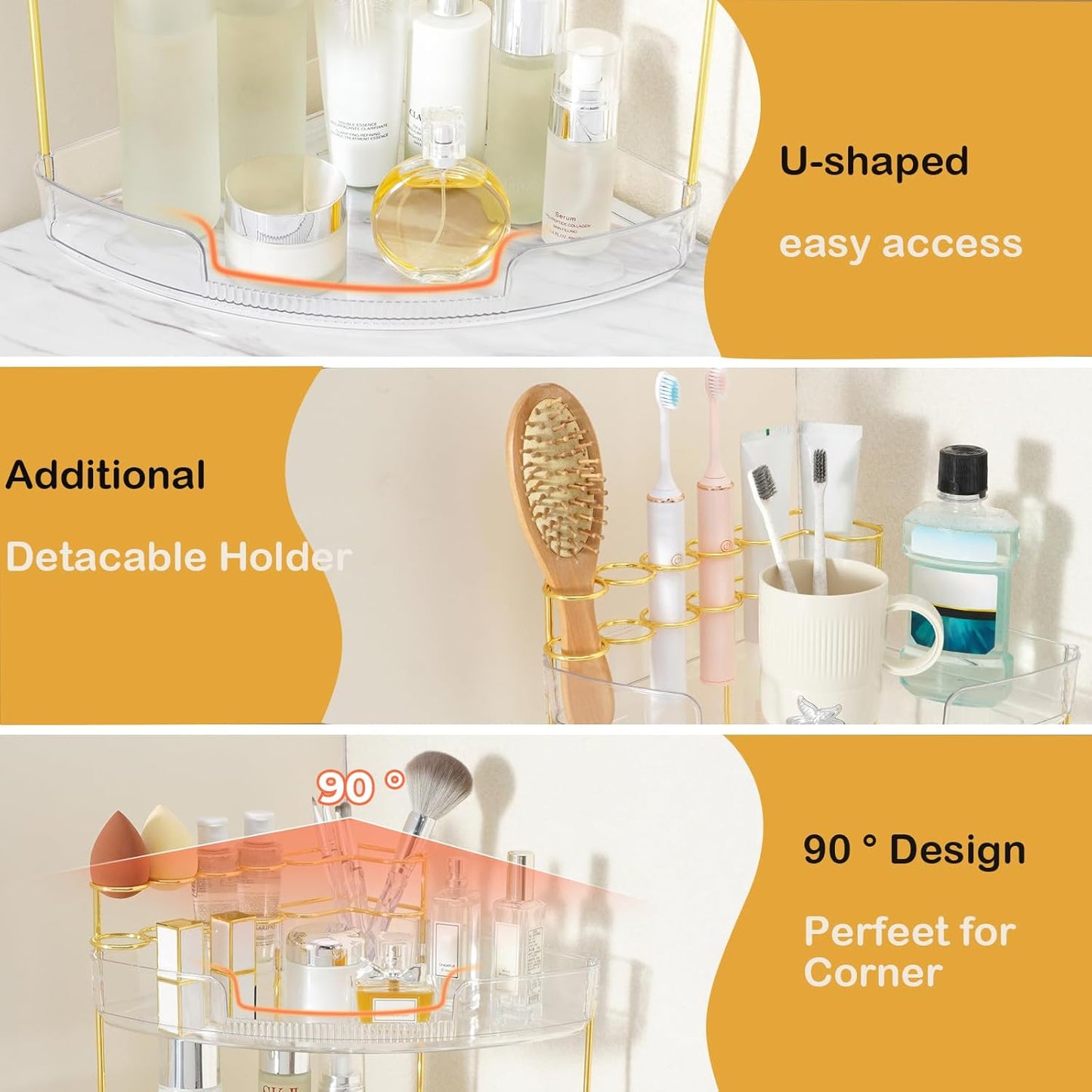 FELIZHOUSE 3-Tier Corner Bathroom Counter Organizer, Bathroom Countertop Shelf Makeup & Skincare Storage with Brush Holder for Vanity, Dresser, Kitchen - Amber