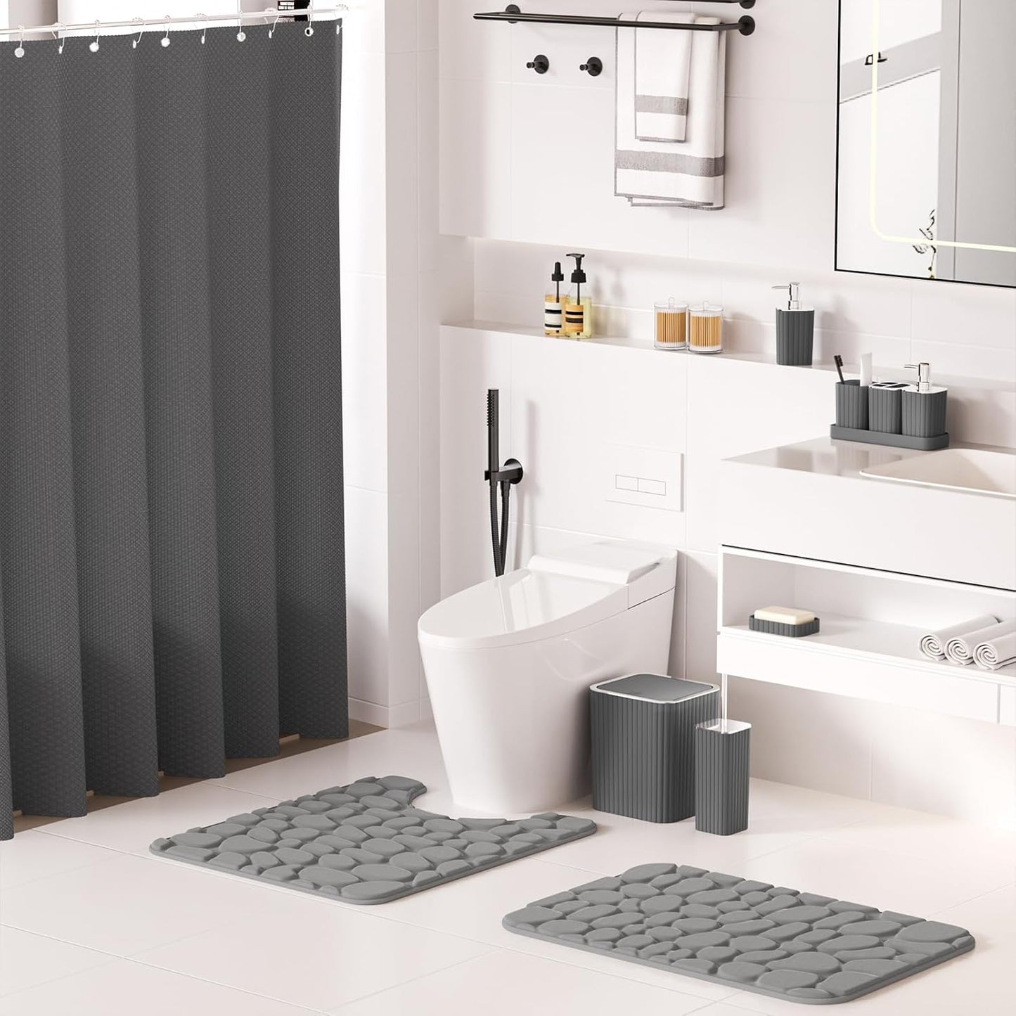 Bathroom Accessories Set- 25PC Grey Bathroom Set, Bathroom Set with Shower Curtain and Rugs, Shower Curtain Set, Toilet Brush, Trash Can, Qtip Holder Dispenser & Soap Dispenser