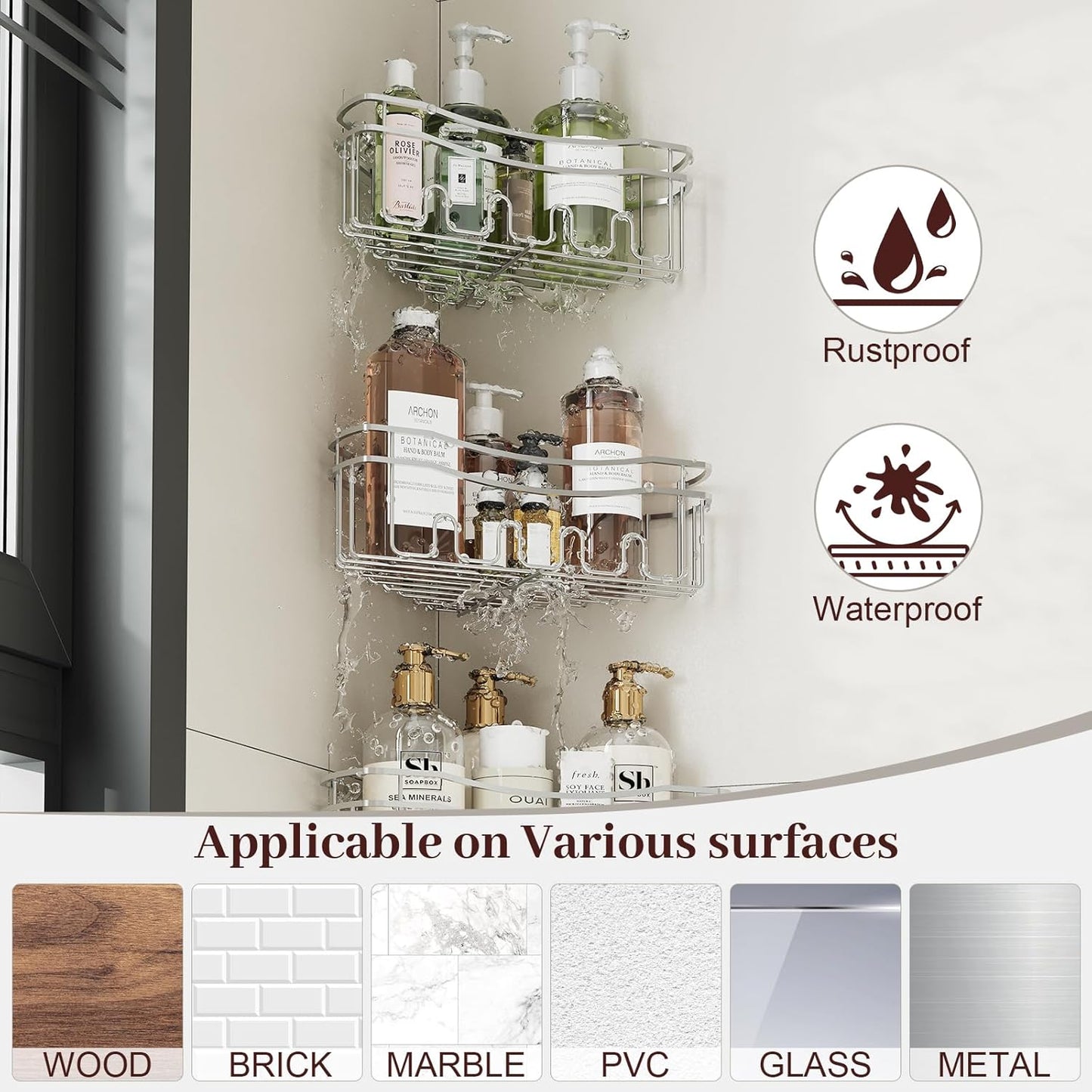 Chrome corner shower caddy with depth caddy and Built in 12 hooks rustproof adhesive wall mounted shower shelf 3 pack chrome triangle shower storage for bathroom kitchen and laudry room