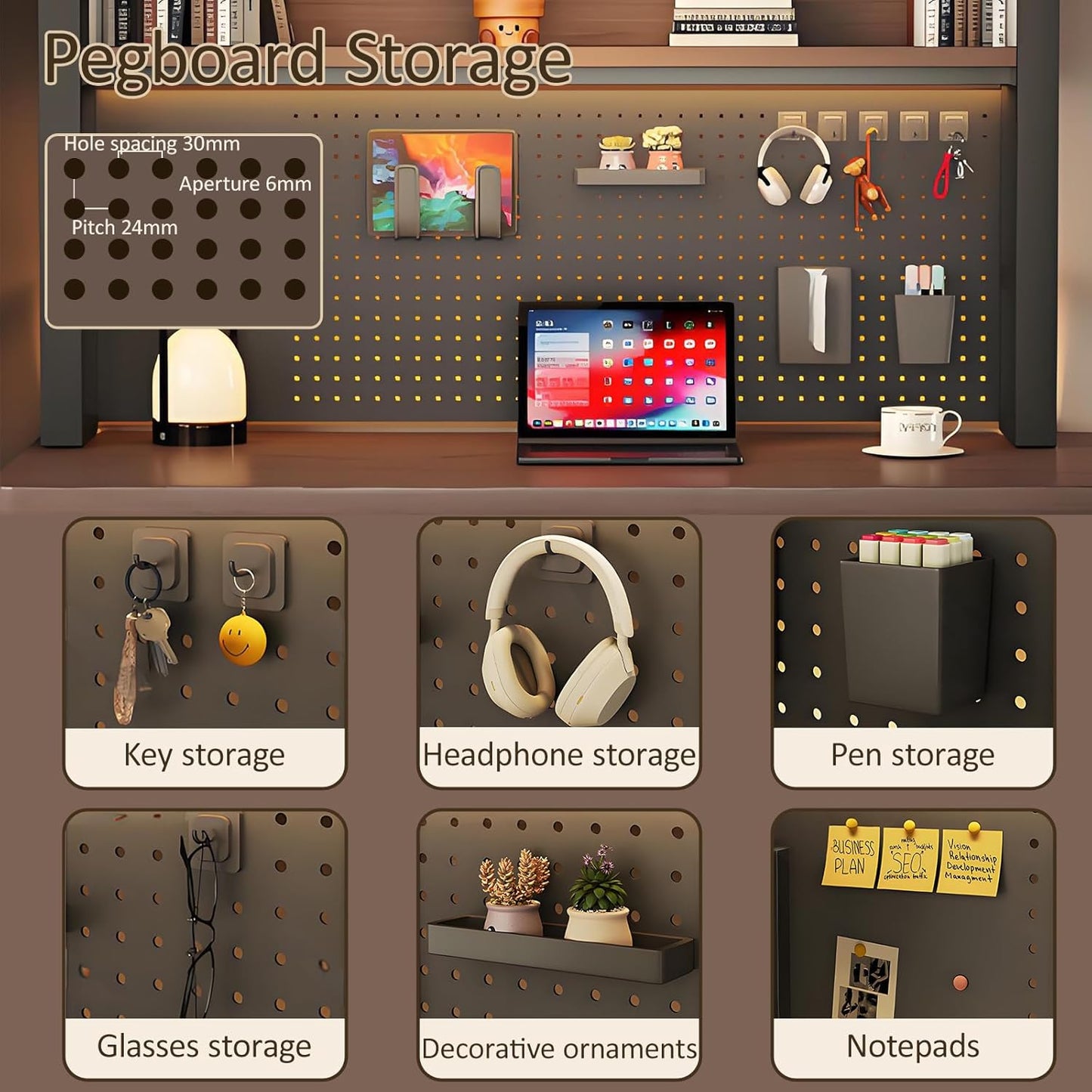 2/3 Tier Desk Hutch with Pegboard, Desk Shelf Organizer with Metal Frame, Space Saving Desktop Bookshelf, Desktop Shelf Organizer Display Rack for Study Table, Home, Of Black+Brown 30×10×37"(3-Tiers)