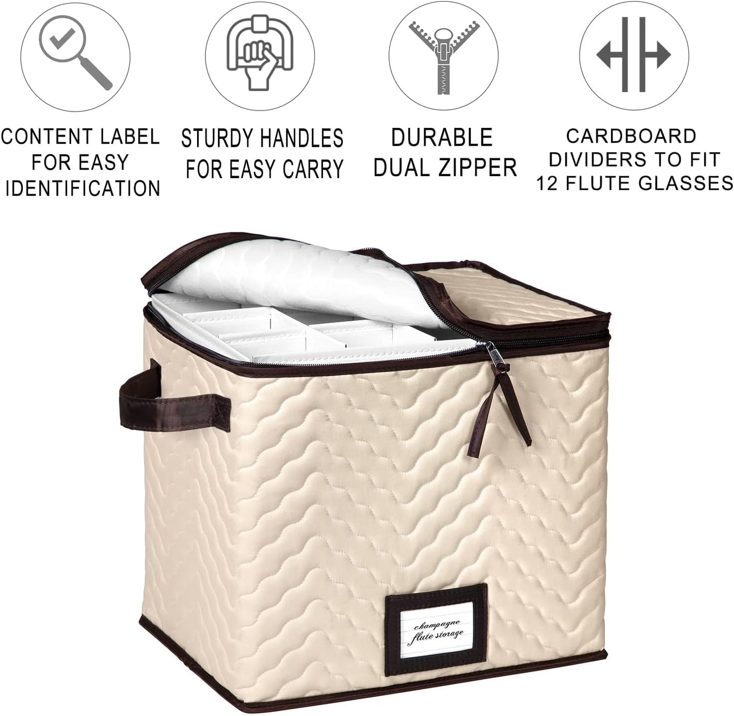 Wine Glass Storage Box with Dividers - Stemware Storage Case, Durable Quilted Microfiber Bin with Carry Handles, Protects Fine China - Durable Quilted Microfiber Bin with Carry Handles (1 Pack, Champagne Flute)