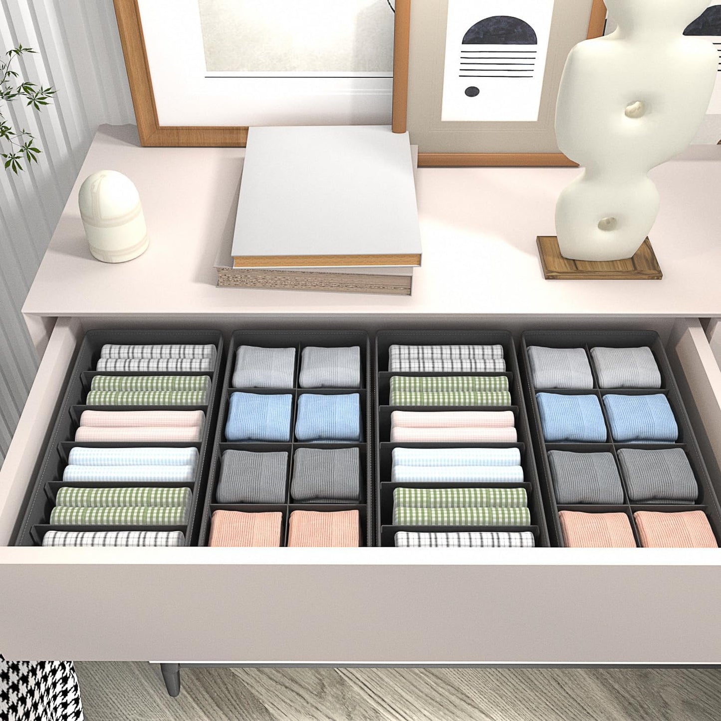 4 PACK Sock Underwear Drawer Organizer Dividers, Collapsible Cabinet Closet Storage Boxes for Clothes, Socks, Lingerie, Underwear, Tie, Belt,Bedroomedroom