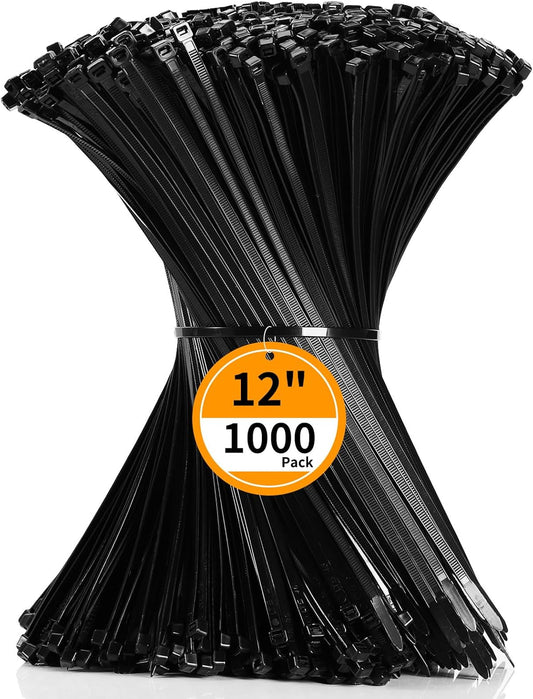 Cable Zip Ties 12 inch Cehony 1000 Pack Black Zip Ties Heavy Duty 50lbs Tensile Strength Plastic Zip Ties for Outdoor and Indoor Multi-Purpose Cable Ties Self-Locking UV Resistant Wire Ties Wraps