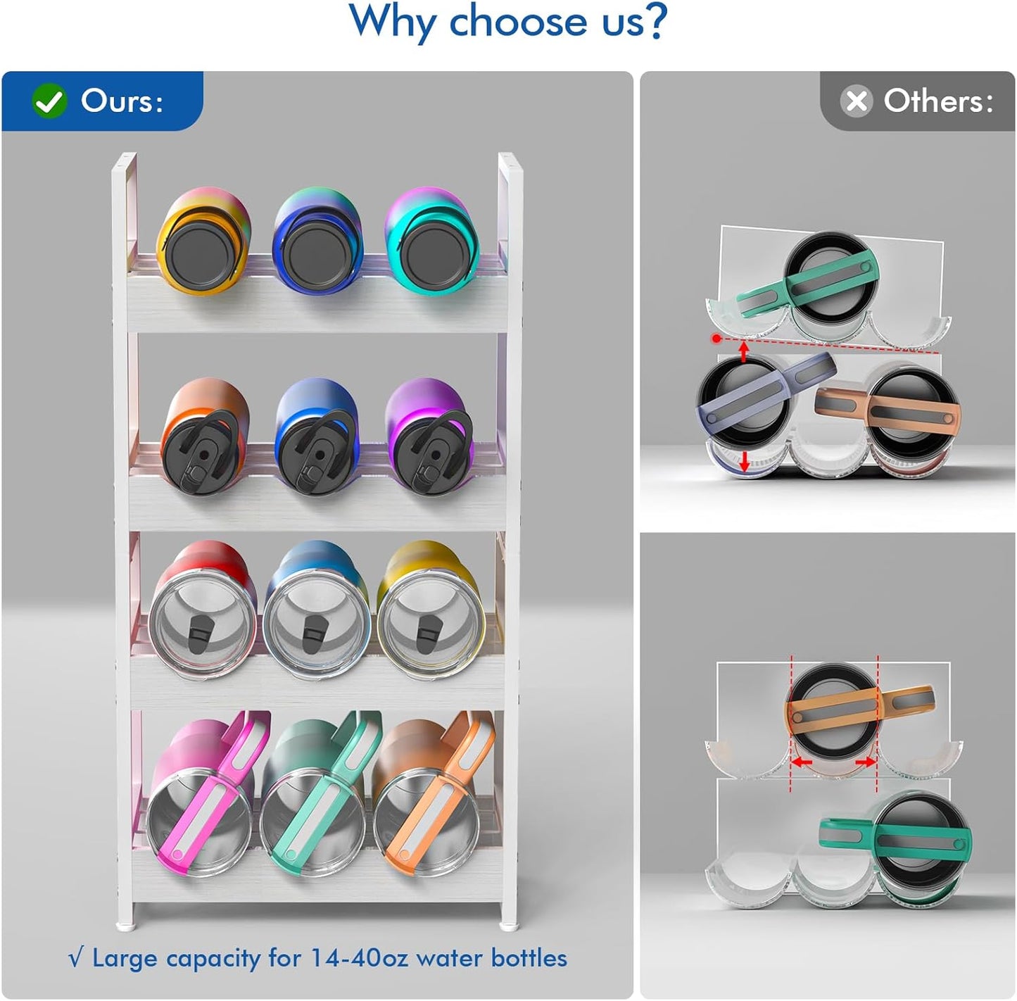 Wooden Water Bottle Organizer, 20/30/40oz Tumbler Organizer, Bottle Holder for Owala/Yeti/Stanley, Kitchen Pantry Water Bottle Storage Rack for Cabinets, Wood Wine Rack, 4 Tier Hold 12