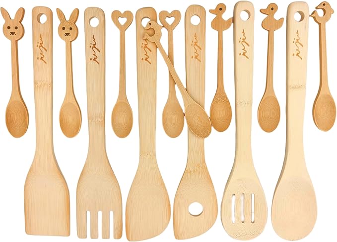 14-Piece Bamboo Wooden Kitchen Utensil Set - 6 Non-Scratch Heat-Resistant Cooking Tools with Storage Holes + 8 Small Spoons for Coffee, Tea, Eco-Friendly Sustainable Kitchen Gift Set