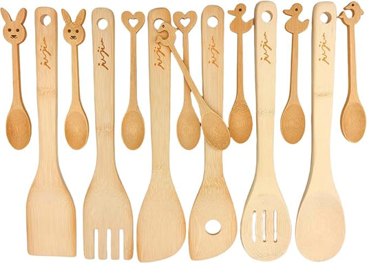 14-Piece Bamboo Wooden Kitchen Utensil Set - 6 Non-Scratch Heat-Resistant Cooking Tools with Storage Holes + 8 Small Spoons for Coffee, Tea, Eco-Friendly Sustainable Kitchen Gift Set