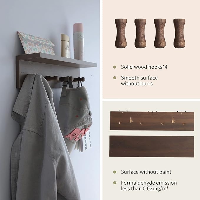 Entryway Coat Rack Hooks with Shelf, Sturdy Wooden Floating WallOrganizer Shelf with 4 Hooks siutable for Entrance, Mudroom, Kitchen, Bathroom,.etc(Walnut Finish)