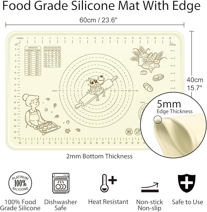 Silicone Baking Mat 24" x 16" Extra Thickness Dough Rolling Mat with Measurements and Edge Heightening, Non-stick Food Grade Silicone Pastry Mat for Pastry, Bread, Cookies, Pizza, Fondant, Pasta