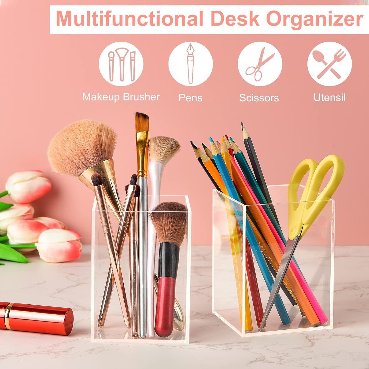 2 Pieces Clear Acrylic Pen Holder & Pencil Cup Clear Makeup Bush Holder Acrylic Desktop Stationery Organizer for Office School Home Desk Accessories - 2 Pack, Square