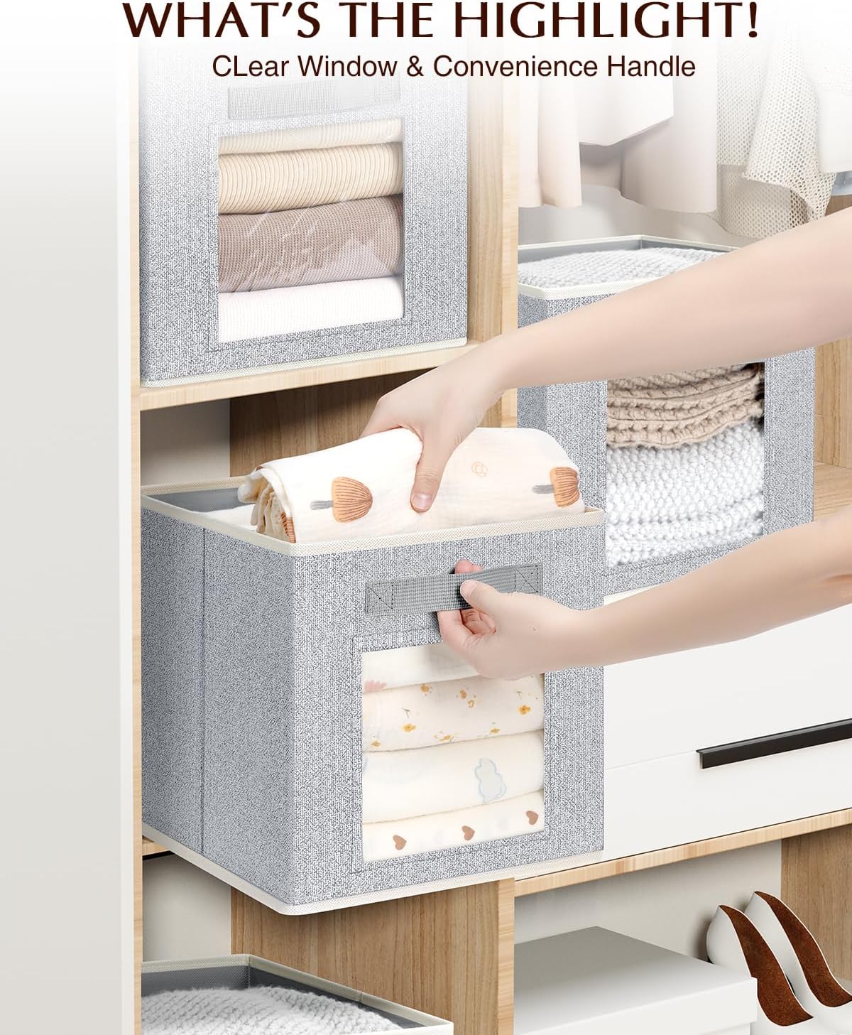 Foldable Storage Cubes - Cubby Storage Organizer with Window, Decorative Fabric Bins for Clothes Storage, Closet Organizers for Shelves, 11inch, Set of 8, Light Grey