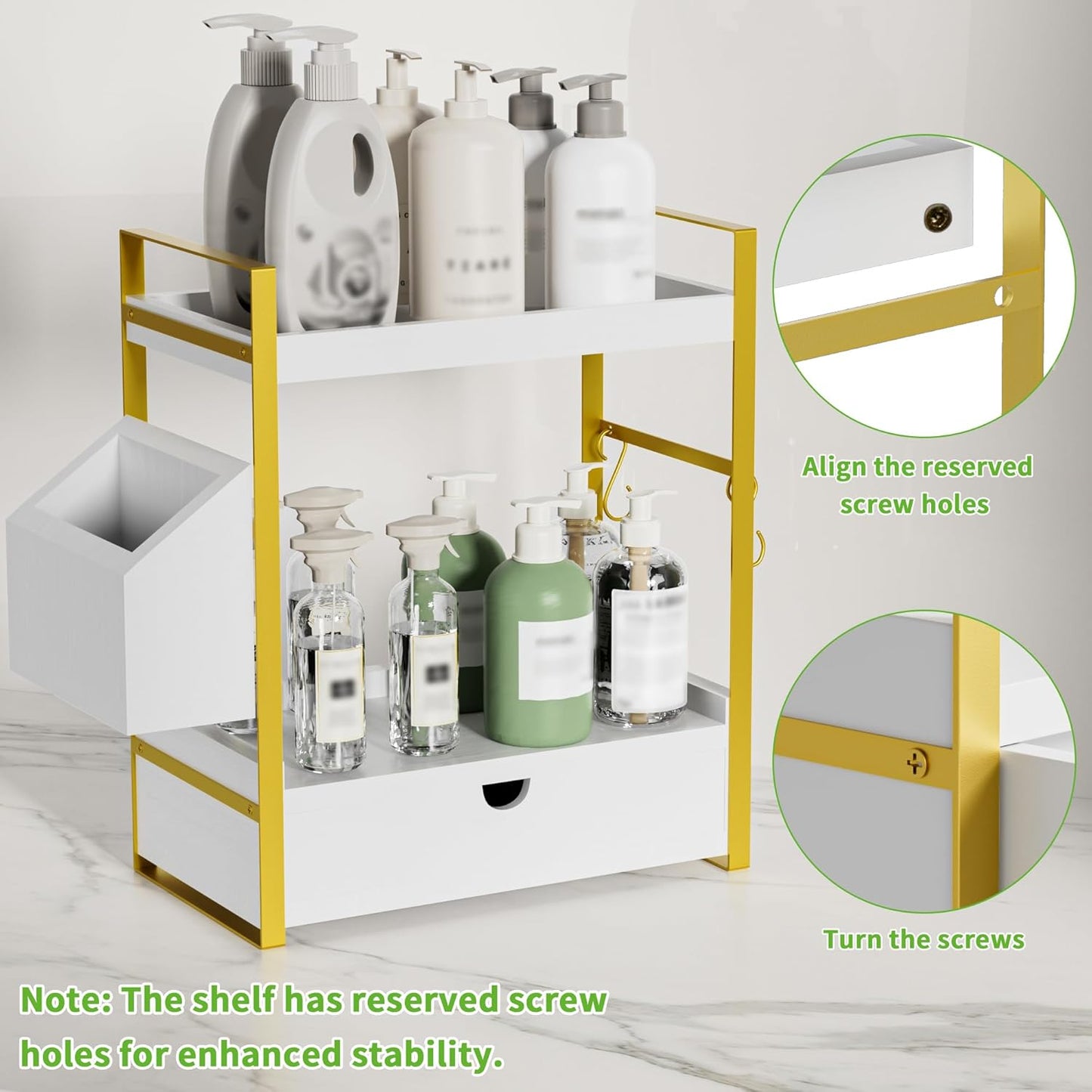 2-Tier Bathroom Counter Organizer with Drawer and Basket, Wood Countertop Organizer for Storage, Skincare Organizers for Vanity, Counter Shelf for Bathroom Organization(White-gold)