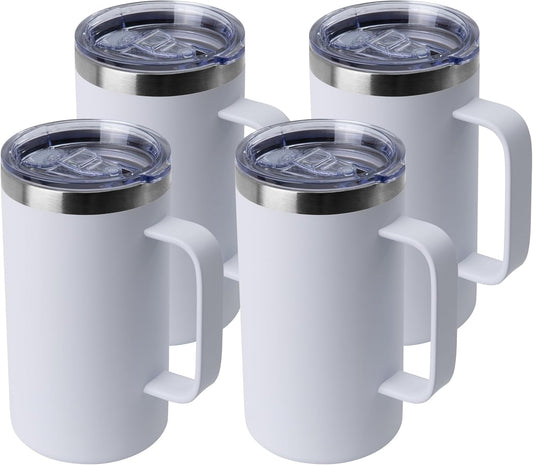 DOMICARE 24oz Mug with Handle and Lid, Stainless Steel Coffee Mug, Travel Mug with Handle, Double Wall Vacuum Coffee Tumbler, Reusable Insulated Cup, White, Pack 4