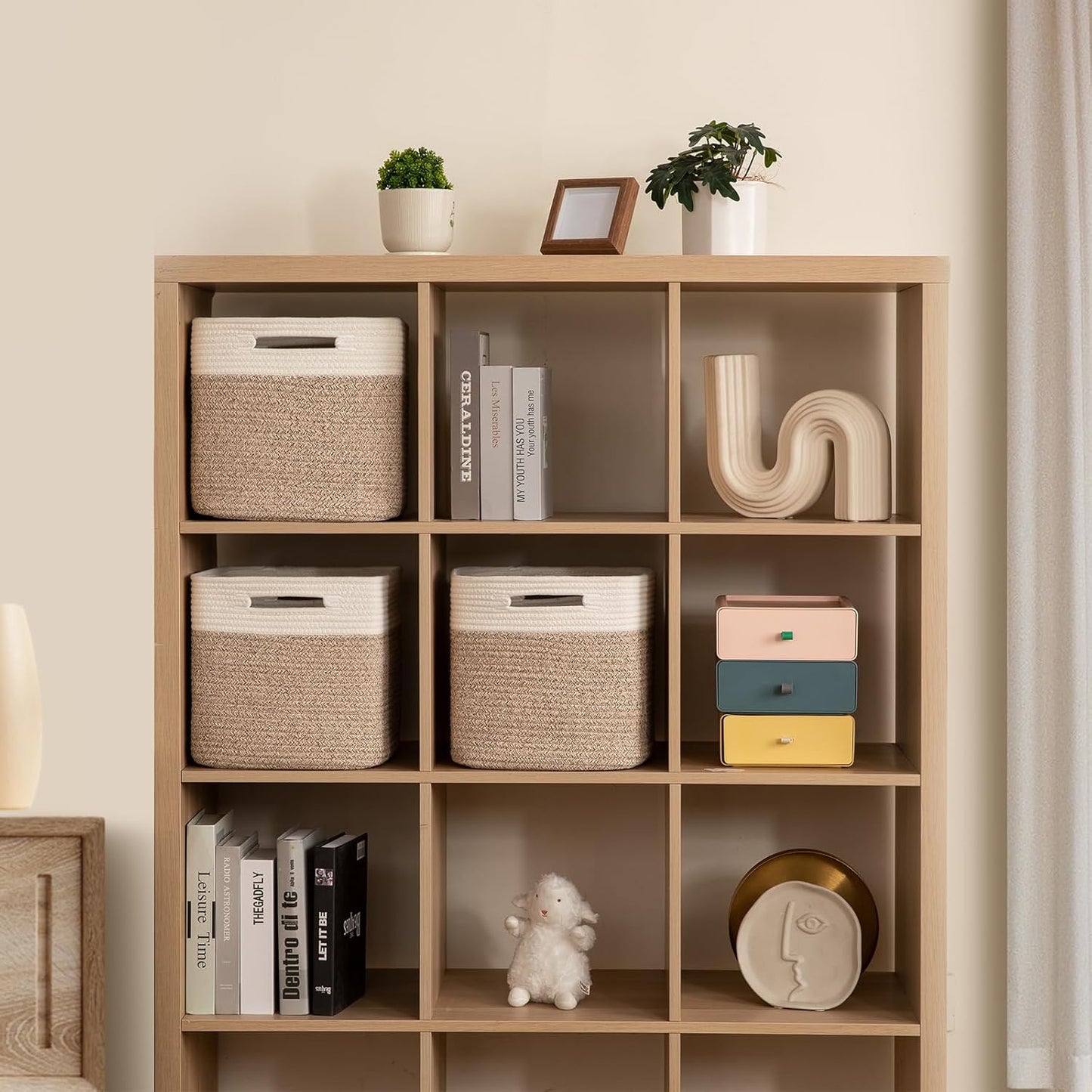 OIAHOMY Cube Storage Basket, 3-Pack Woven Cotton Rope Baskets, 11-Inch Cube Basket with Handles, Great for Shelves, Closets, Children's Toy Organization - White & Brown