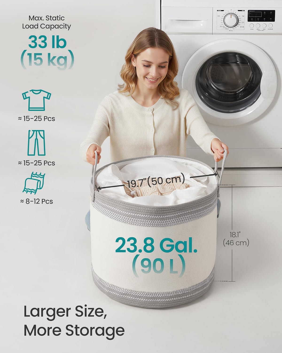 SONGMICS Laundry Hamper 90L, Laundry Basket with Handles, Laundry Bag with Lid, Cotton Rope, Drawstring, for Clothes, Blankets, Living Room, Bedroom, Dove Gray URLH090G01