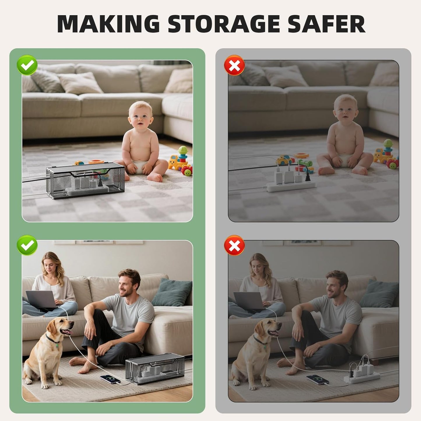 Marbrasse 3 Pack Cable Management Box, Metal Mesh Cord Organizer Box for TV Wires, Electrical Hiding, Power Strip – Under Desk Cable Storage Box with Cable Clips&Reusable Cable Ties for Home/Office