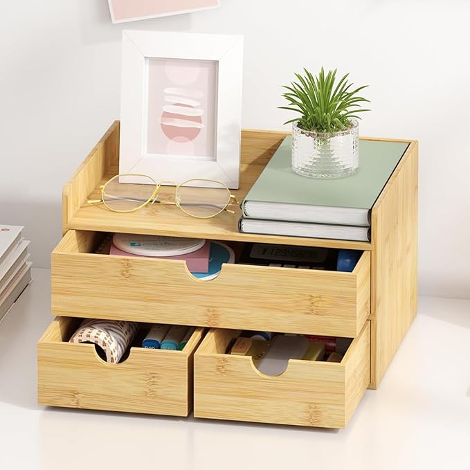 Wisuce Desk Organizer with Drawers - Bamboo Desktop Organizer Storage-Natural Wood Desk Drawers Organizer for Bills, Office Supplies, Cosmetics, Seals No Assembly Required (3 Drawers（top-bottom))