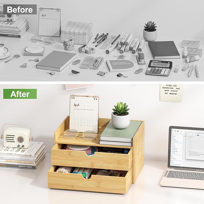 Wisuce Desk Organizer with Drawers - Bamboo Desktop Organizer Storage-Natural Wood Desk Drawers Organizer for Bills, Office Supplies, Cosmetics, Seals No Assembly Required(2 drawers with Shelf)