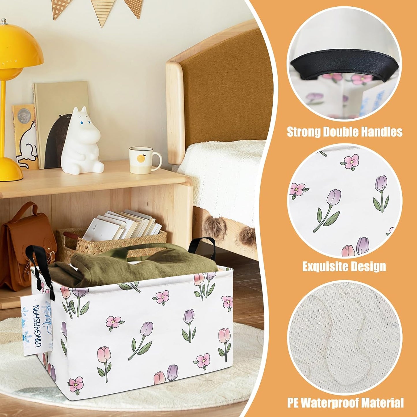 LANGYASHAN Rectangular Storage Bin Collapse Canvas Fabric Cartoon Storage Basket with Handles for Organizing Home Kitchen Boys and Girls Toys Office Closet Shelf Baskets (Rec Romantic Tulip)