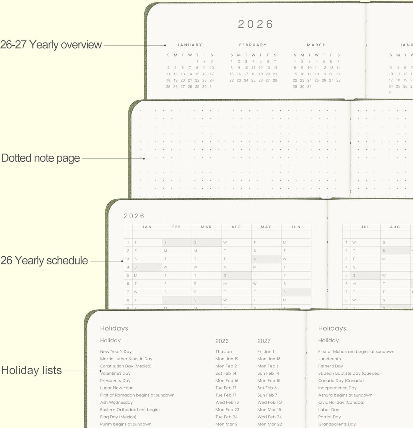 And Per Se 2026 Planner-Daily, Weekly & Monthly Leather Hardcover Planner, 5.7" x 8", Daily Schedule, Monthly Tabs, 100 GSM Thick Paper, Back Pocket(Olive Green)