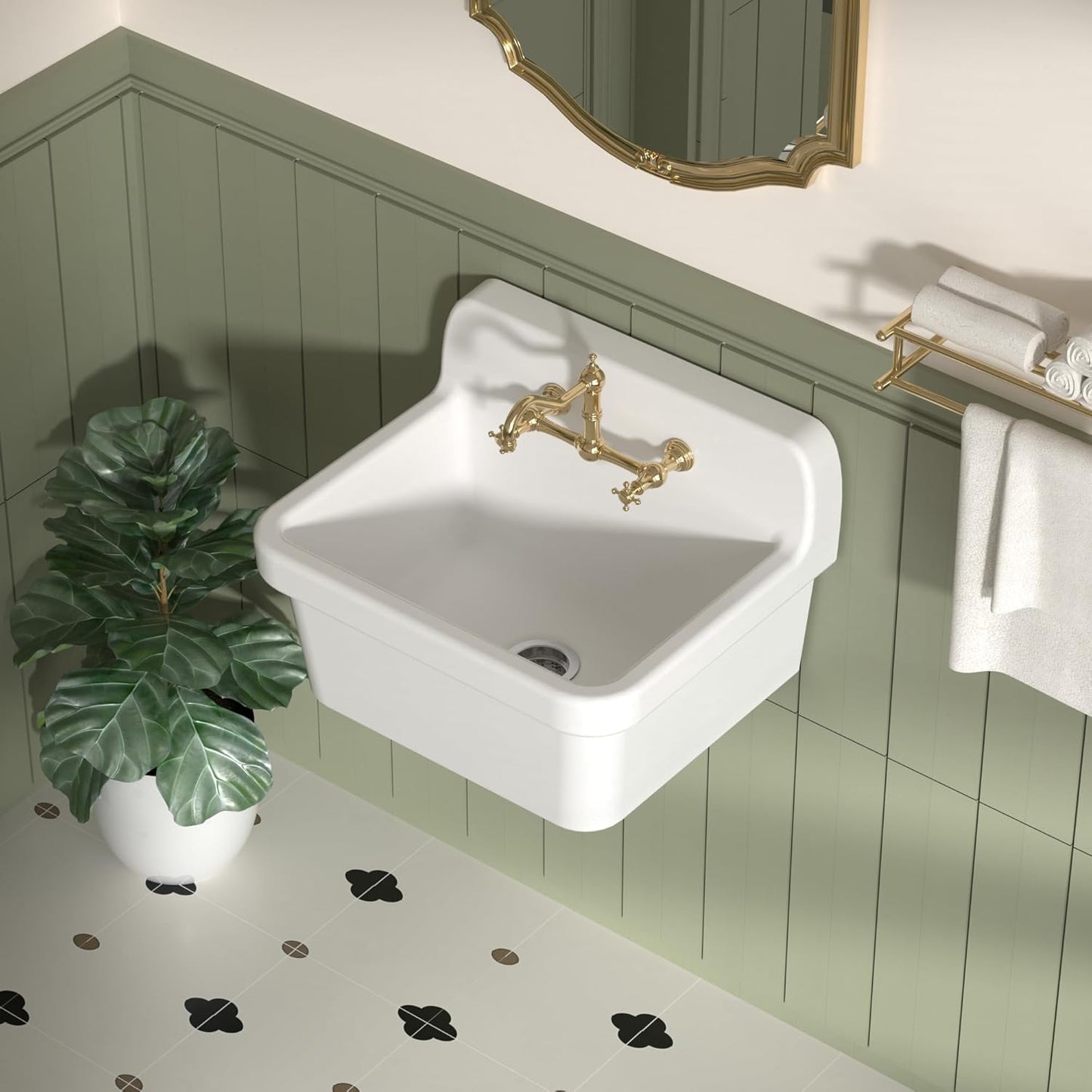 LUCKWIND 24 Inch Wall-Mounted Ceramic Utility Sink, White Farmhouse Sink for Laundry, Bathroom, Kitchen, Garage – Durable High Back Design