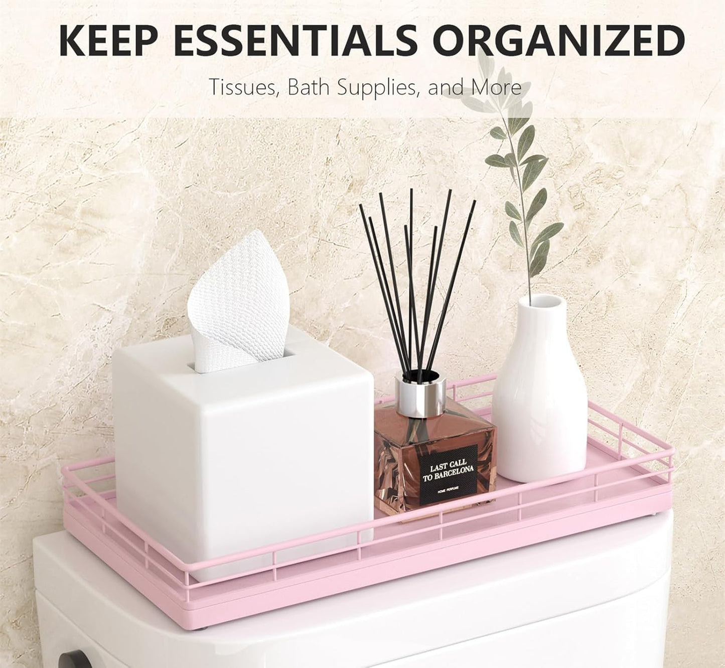 Toilet Tank Tray Organizer – Oak Wood Bathroom Counter Basket with Metal Frame, Back of Toilet or Tank Top Paper Holder Storage – Pink Modern Decor