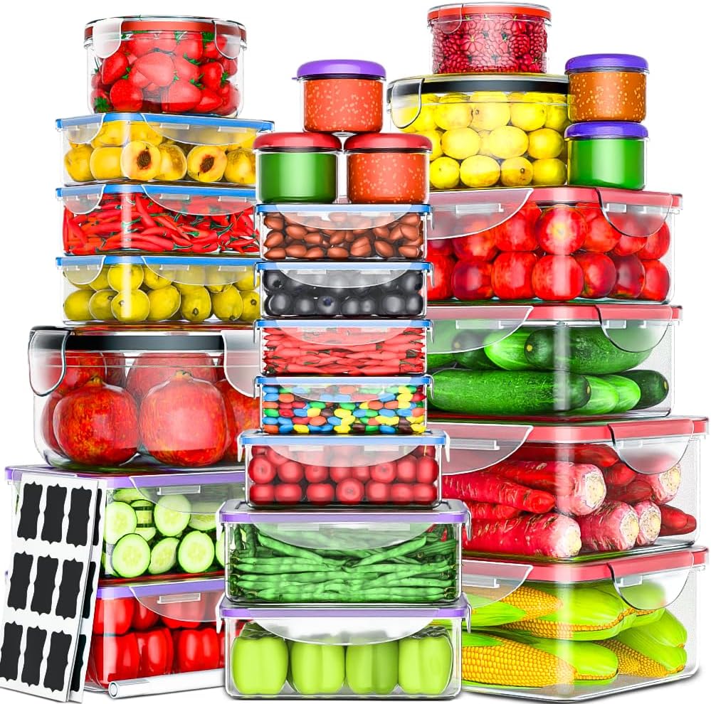 RockBerry 50 Pcs Large Food Storage Containers with Lids Airtight-85 OZ to Small Containers-Total 526 Oz BPA Free Plastic Stackable Containers For Pantry kitchen Organization, Microwave Safe