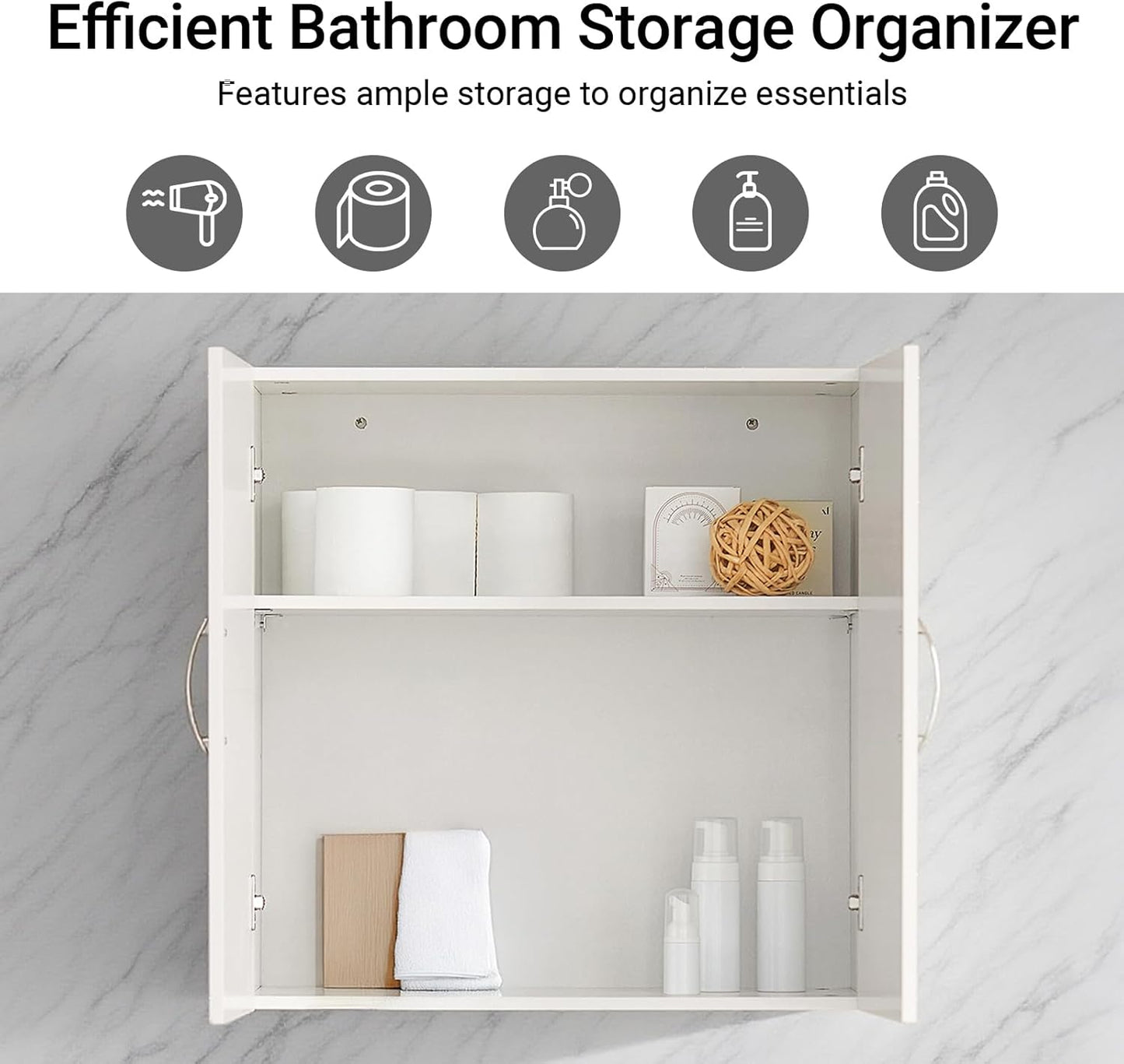 White Wall Cabinet for Bathroom and Laundry Room, Over Toilet Storage with Doors and Adjustable Shelf, Small MDF Organizer, HUS-FRG231