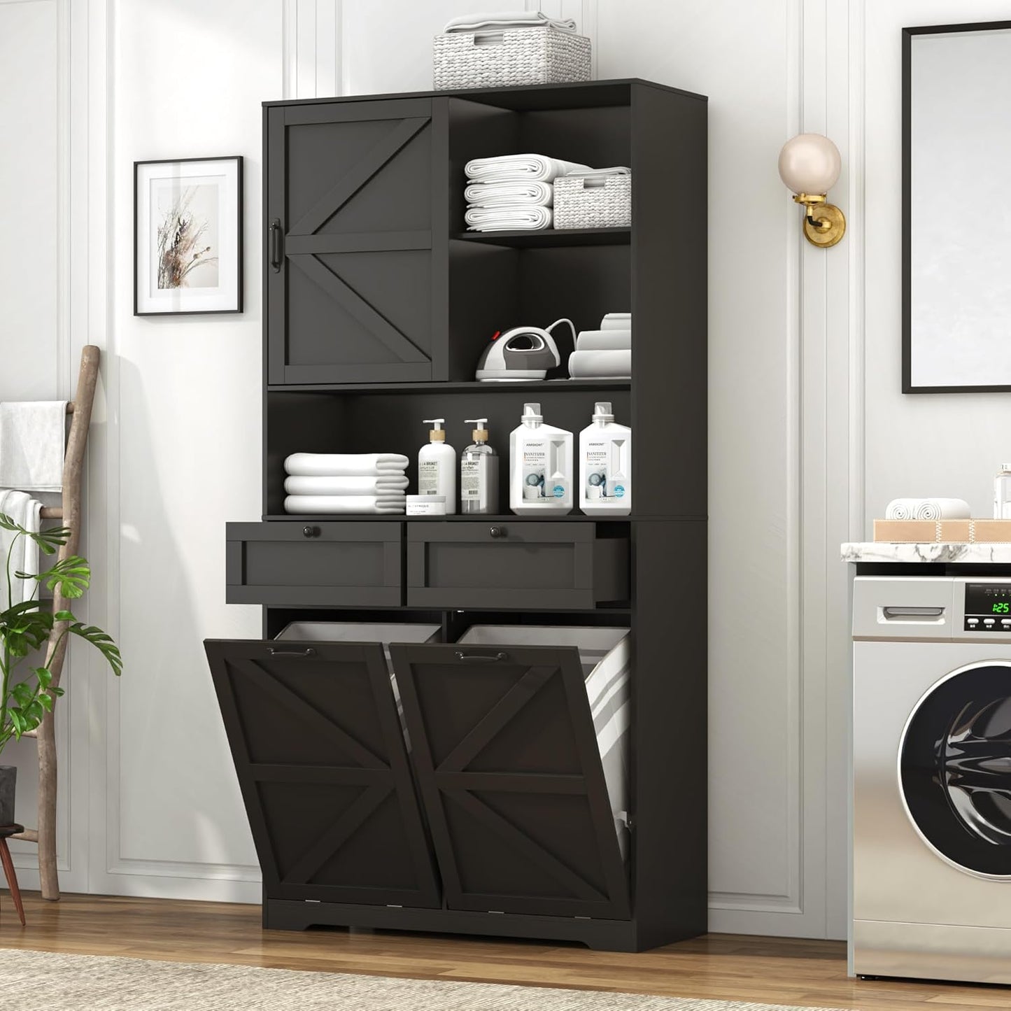 78" Tall Tilt-Out Double Doors Laundry Cabinet Hamper w Hidden Laundry Hamper,Large Pull Out Laundry Room Storage Cabinets,Kitchen Double Tilt Out Trash Cabinet,13X2 Gallon Bathroom Organizers(Black)