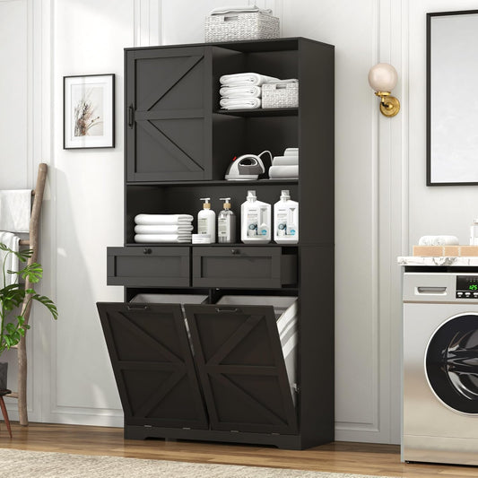 78" Tall Tilt-Out Double Doors Laundry Cabinet Hamper w Hidden Laundry Hamper,Large Pull Out Laundry Room Storage Cabinets,Kitchen Double Tilt Out Trash Cabinet,13X2 Gallon Bathroom Organizers(Black)