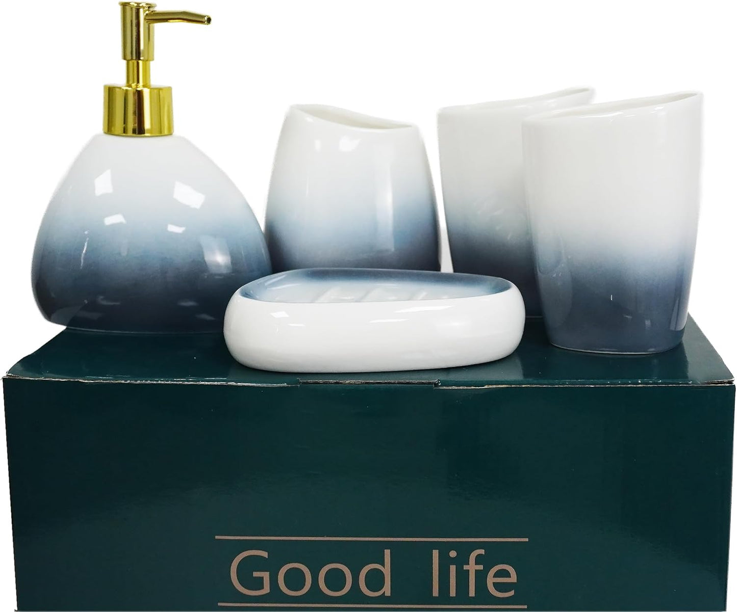 5 Piece Ceramic Bathroom Accessory Set in Ombre Blue, Includes Soap Dispenser, Toothbrush Holder, Soap Dish & 2 Mouthwash Cups, Modern Elegant Countertop Decor for Bathroom Vanity