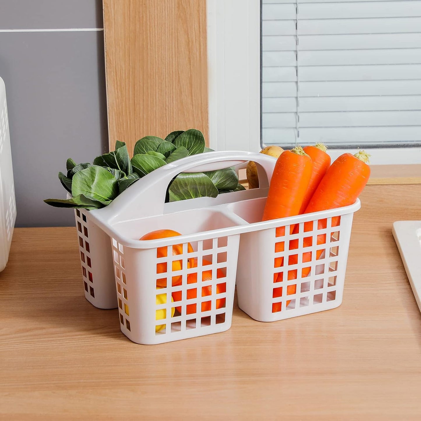 Portable Shower Caddy Basket with Compartments Cleaning Supplies Organizer with Handle Plastic Storage Divided Tool Bin for Bathroom, Bedroom, Kitchen, College Dorm, Garden, Under Sink, Light Grey