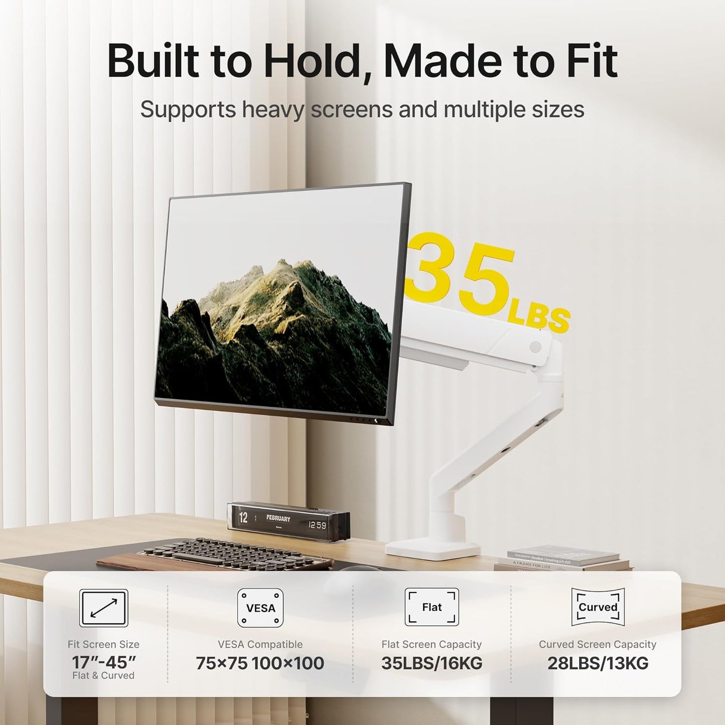 monTEK Single Monitor Arm for Max 45 Inch Ultrawide Screens Adjustable Monitor Desk Mount Holds 35 Lbs Cable Management with C Clamp/Grommet Desk Mount, VESA 75/100mm, MA1007WH