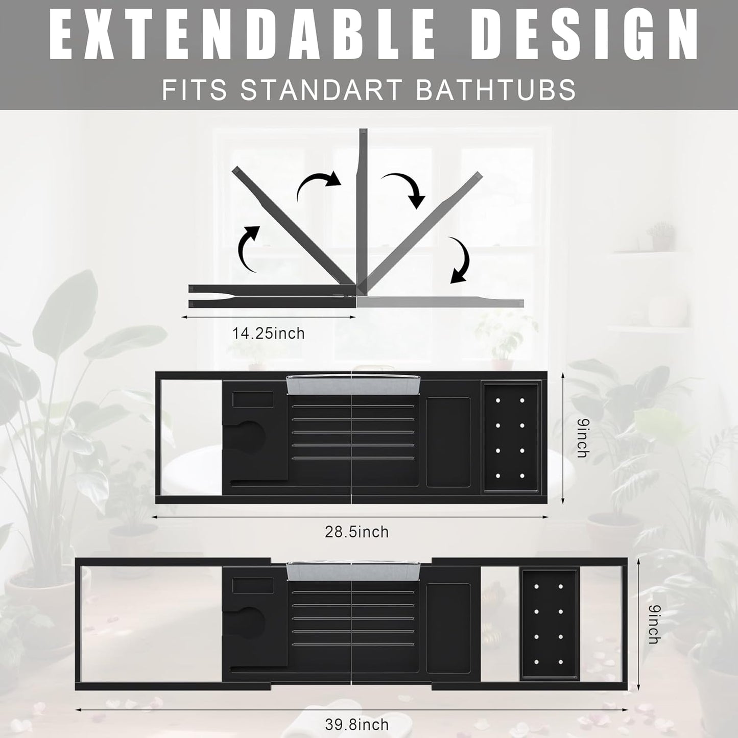Foldable Bathtub Caddy Tray for Tub,Bamboo Expandable Bath Table Trays,Premium Bathroom Accessories for New Home & Mothers Day & Birthday Gifts for Couples,Black