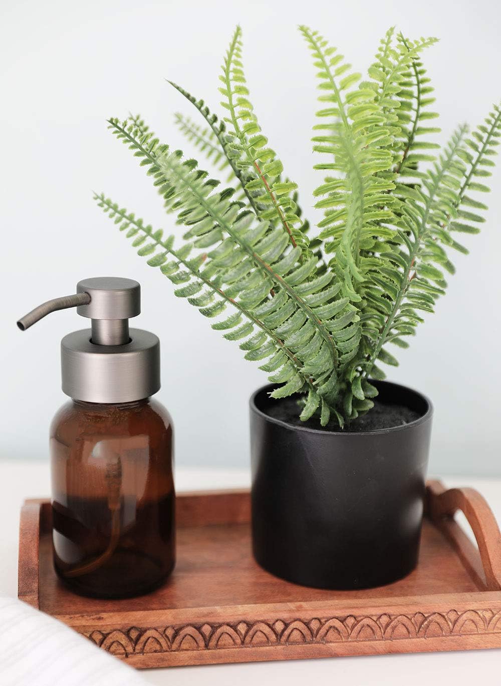 Rail19 Amber Glass Apothecary Foaming Soap Dispenser with Metal Pump - for Kitchen and Bathroom Countertop, 8.5oz (Grey Bronze)